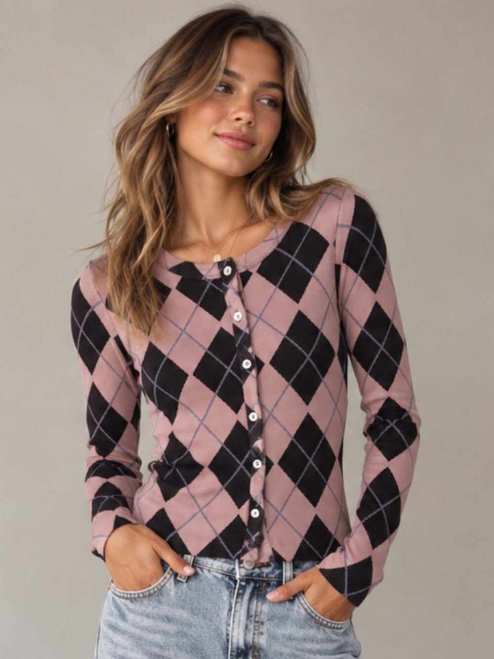 URBAN OUTFITTERS Out From Under Argyle Jacquard Seamless Knit Cardigan M/L EUC